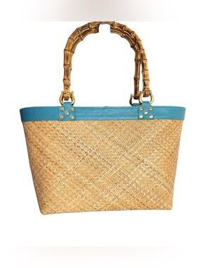Putu by J. MacLear Straw Bamboo Handle Tote, Teal Trim